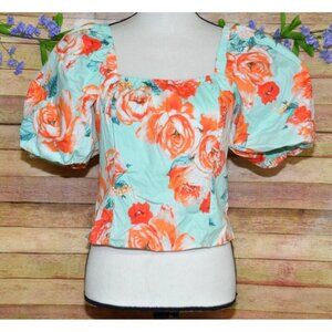 Buddy Love Green Floral Crop Blouse Top Size M Puff Sleeve Cottage Core Romantic